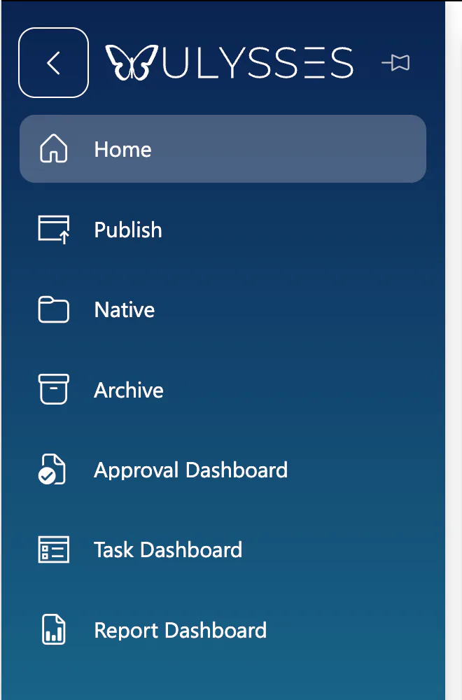 The Ulysses navigation panel, with the Ulysses logo and links to Home, Publish, Native, Archive, Approval Dashboard, Task Dashboard and Report Dashboard.