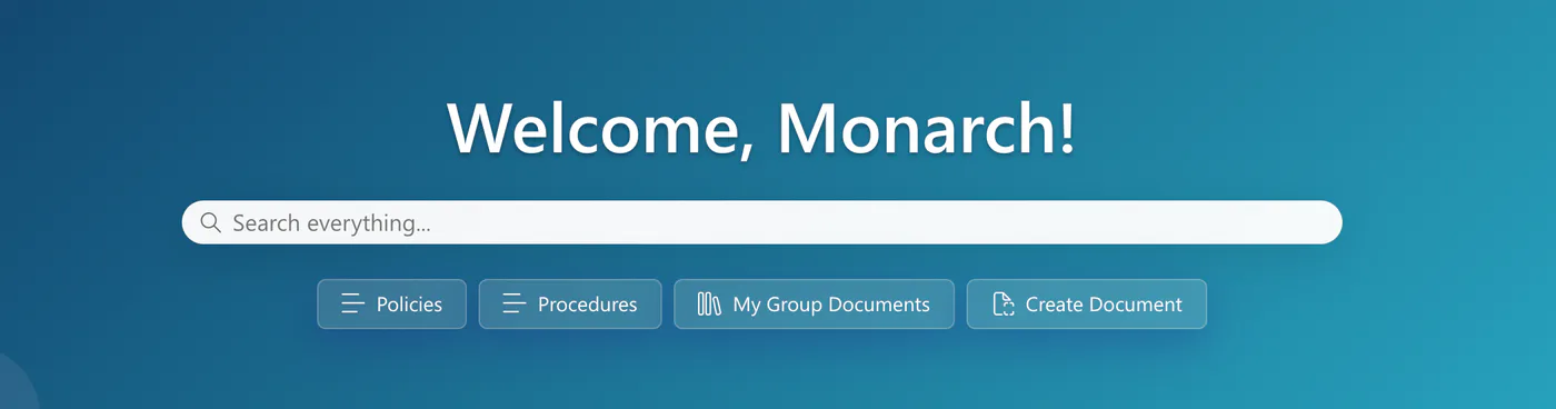 Close-up of the Ulysses welcome banner: a Search everything box above quick-link buttons for Policies, Procedures, My Group Documents and Create Document.
